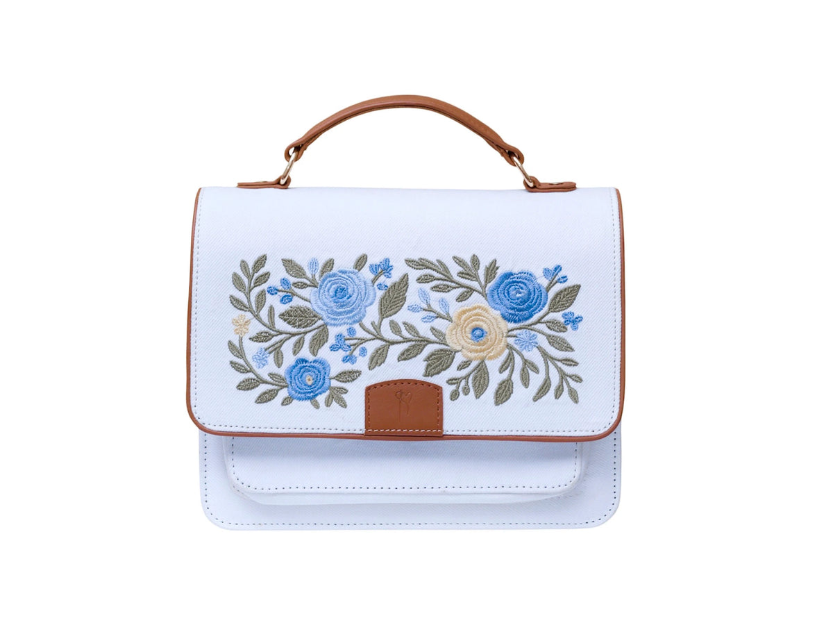 Needlesay Ivory white embroidered denim handbag front view