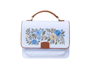 Needlesay Ivory white embroidered denim handbag front view
