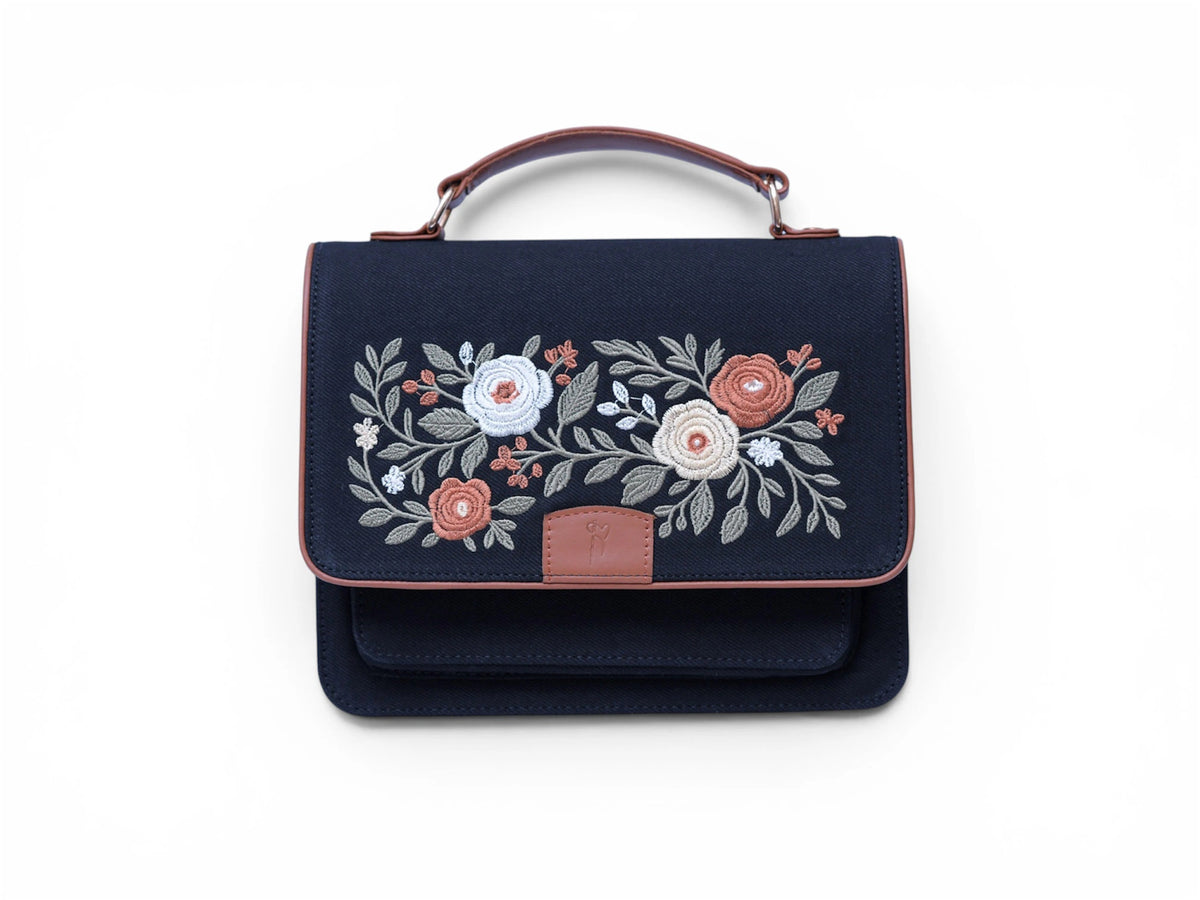 Needlesay Noir black embroidered denim handbag front view