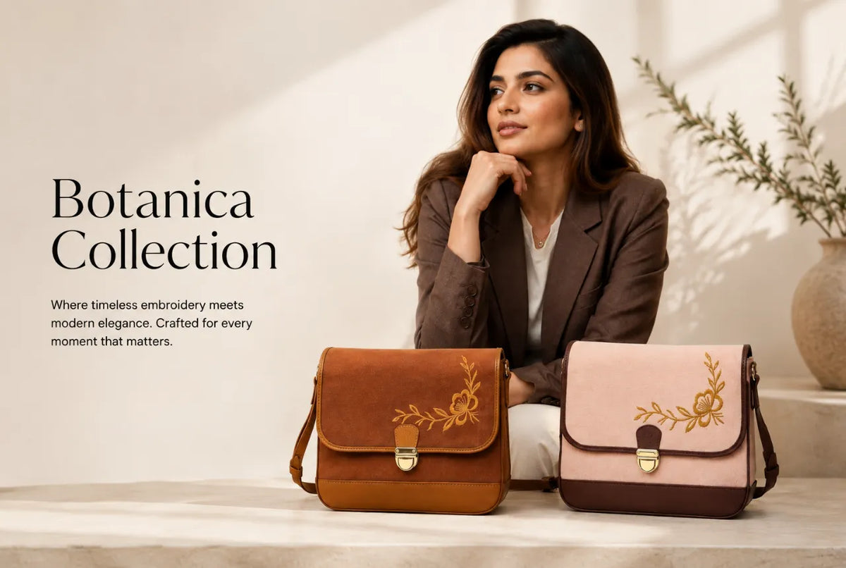 A woman in a brown blazer sits beside two needlesay botanica collection embroidered shoulder bags on a light stone surface. One bag is warm brown dnim with floral embroidery and a gold clasp, and the other is blush pink denim with matching embroidery and a dark brown base.