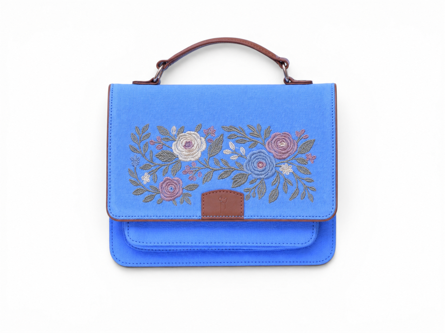 Needlesay Azure blue embroidered denim handbag front view