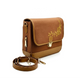 A brown denim crossbody bag by needlesay with a flap front, gold floral embroidery, a side zipper, and a detachable shoulder strap, displayed on a clean white background.