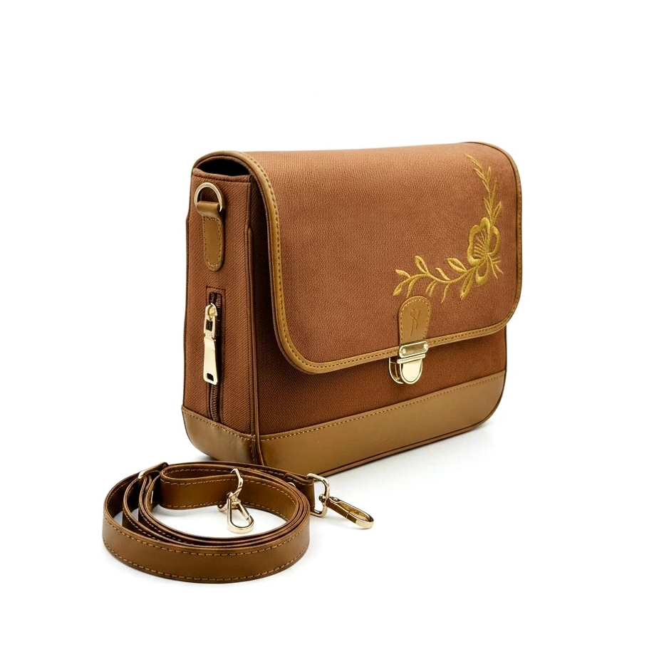 A brown denim crossbody bag by needlesay with a flap front, gold floral embroidery, a side zipper, and a detachable shoulder strap, displayed on a clean white background.