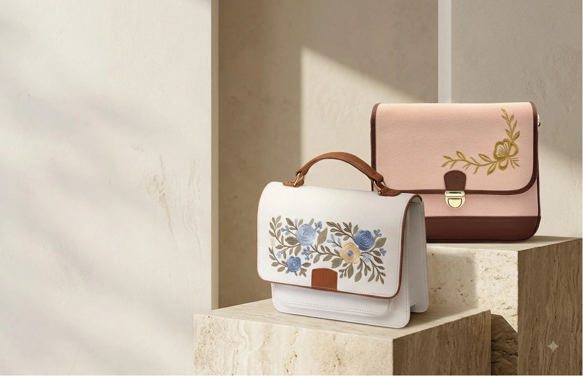 Two structured Needlsay denim handbags displayed on stone pedestals in a softly lit interior. The foreground bag is white with blue and beige floral embroidery and a brown handle; the background bag is blush pink with gold floral embroidery and a brown handle.
