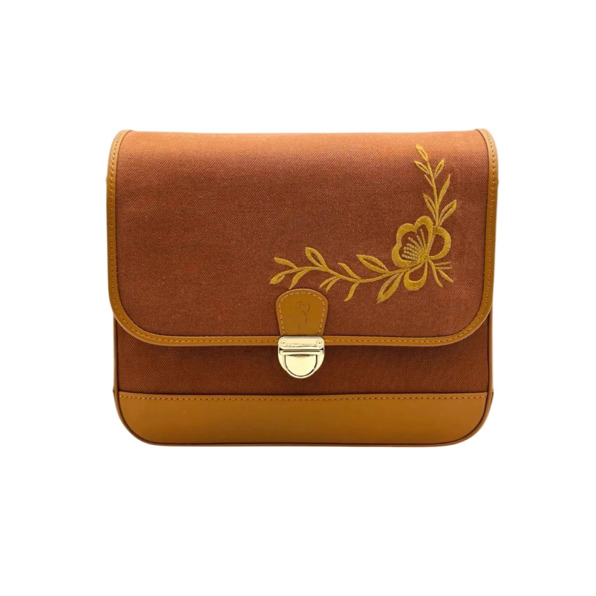 A rectangular brown envelope-style needlsay denim bag with a gold floral embroidery on the front flap and a gold metal clasp, shown against a plain white background.