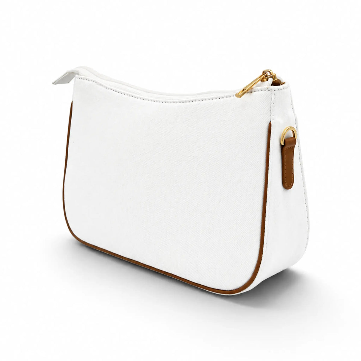 Back view of the Needlesay white denim shoulder bag showing the clean embroidered-free back, brown leather trim, gold-tone hardware, and structured silhouette.